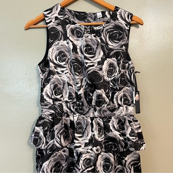 Kate Young Womens Black White Rose Print Ruffed Tiered Party Mini Dress Sz 6 NWT - Picture 3 of 14